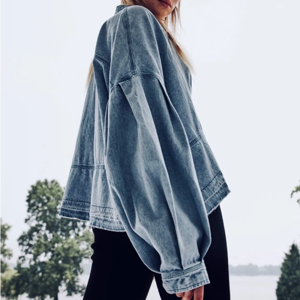 FREE PEOPLE Oversized Jade Blue Denim Top | Stylish Layering | Elevated Casual - Picture 16 of 16